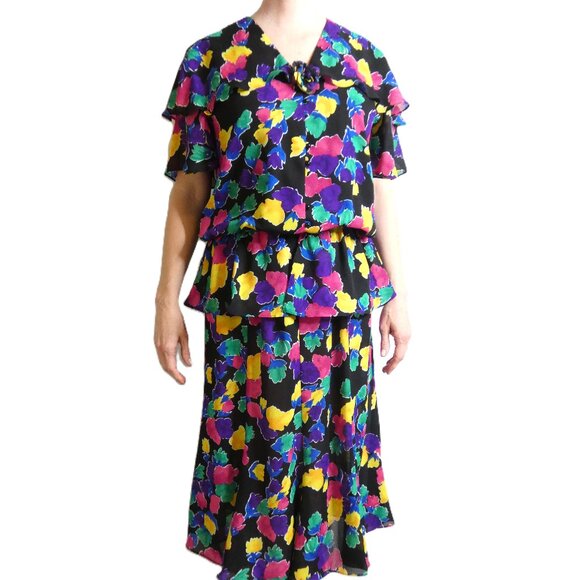 Liz Roberts Size 6 Multicolor 2 Pc Skirt & Top Chiffon Abstract British Flirty - Picture 1 of 11